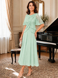 Tea-Length Chiffon Mother of the Bride Dress with Sequin Lace Sleeves