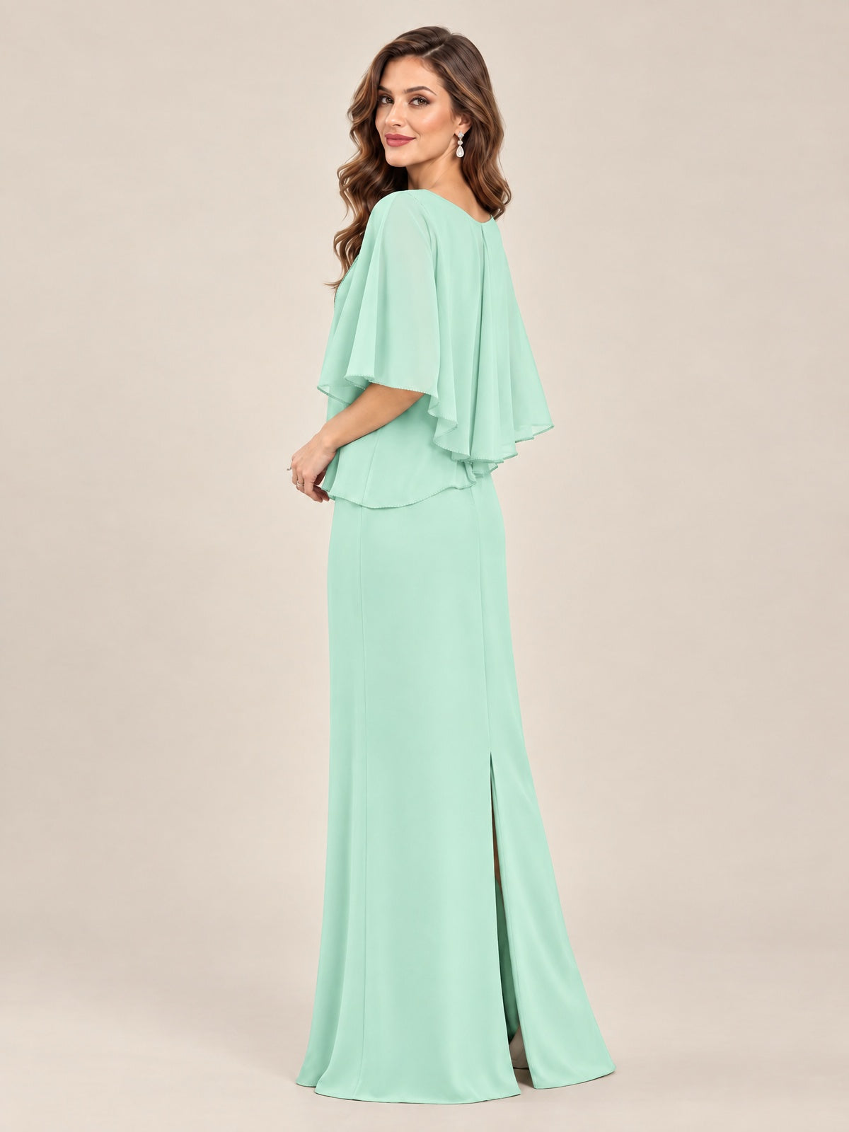 Cape Sleeve Mother of the Bride Dress with Asymmetrical Overlay