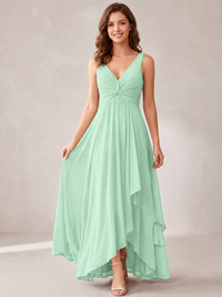 V-Neck High-Low Chiffon Bridesmaid Dress with Ruffles