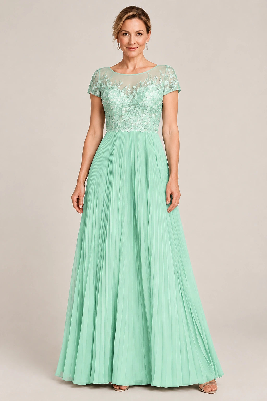 Embroidered Lace Pleated Mother of the Bride Dress