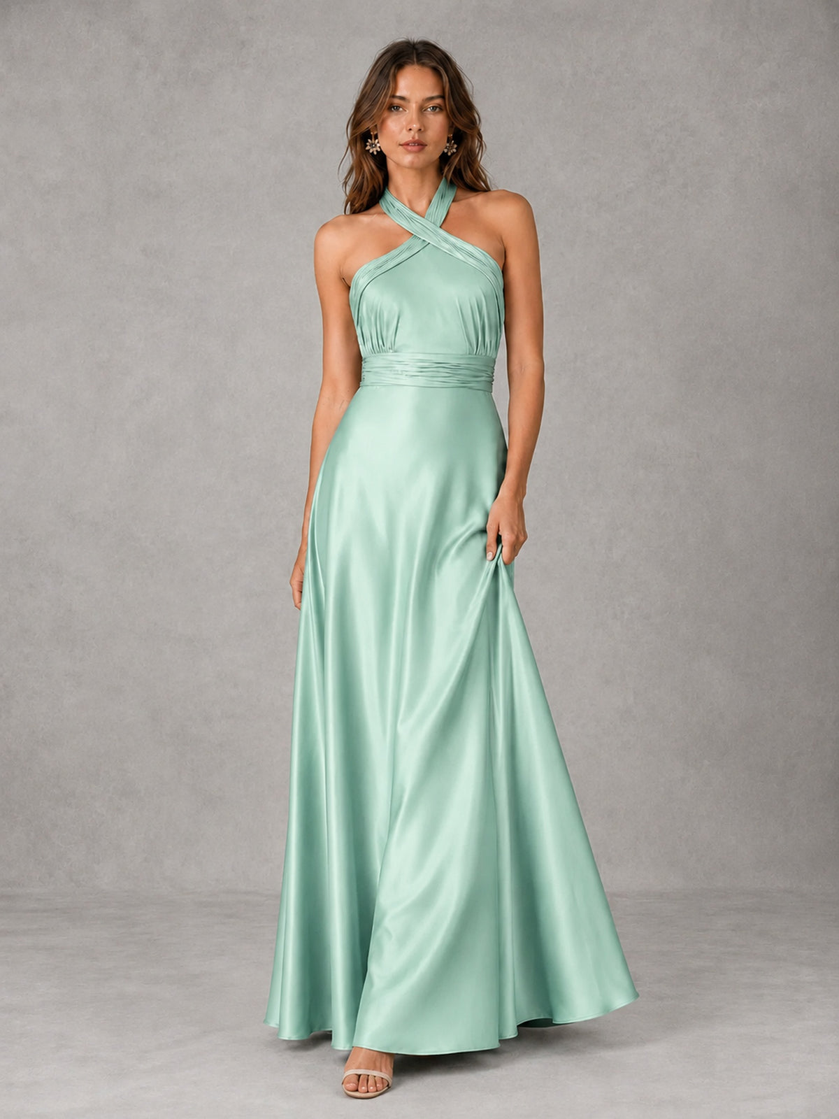 Sage Green Satin A-Line Bridesmaid Dress with Halter Neck
