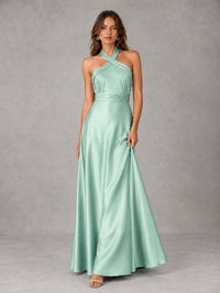 Sage Green Satin A-Line Bridesmaid Dress with Halter Neck