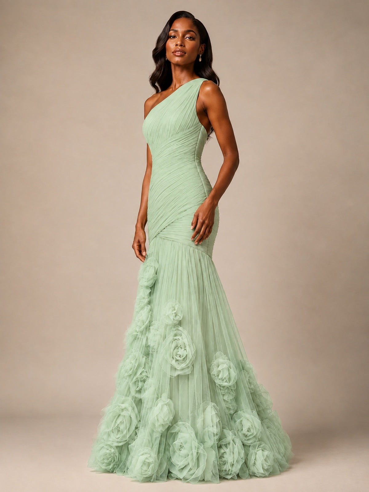 Blush Pink One Shoulder 3D Floral Mermaid Prom Dress