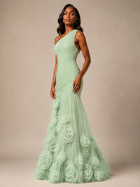 Blush Pink One Shoulder 3D Floral Mermaid Prom Dress