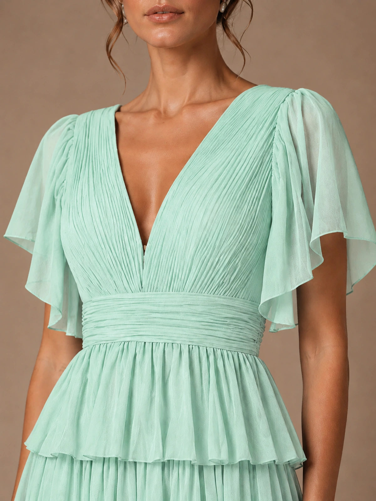 Chiffon V-Neck Tiered Ruffle Bridesmaid Dress with Slit