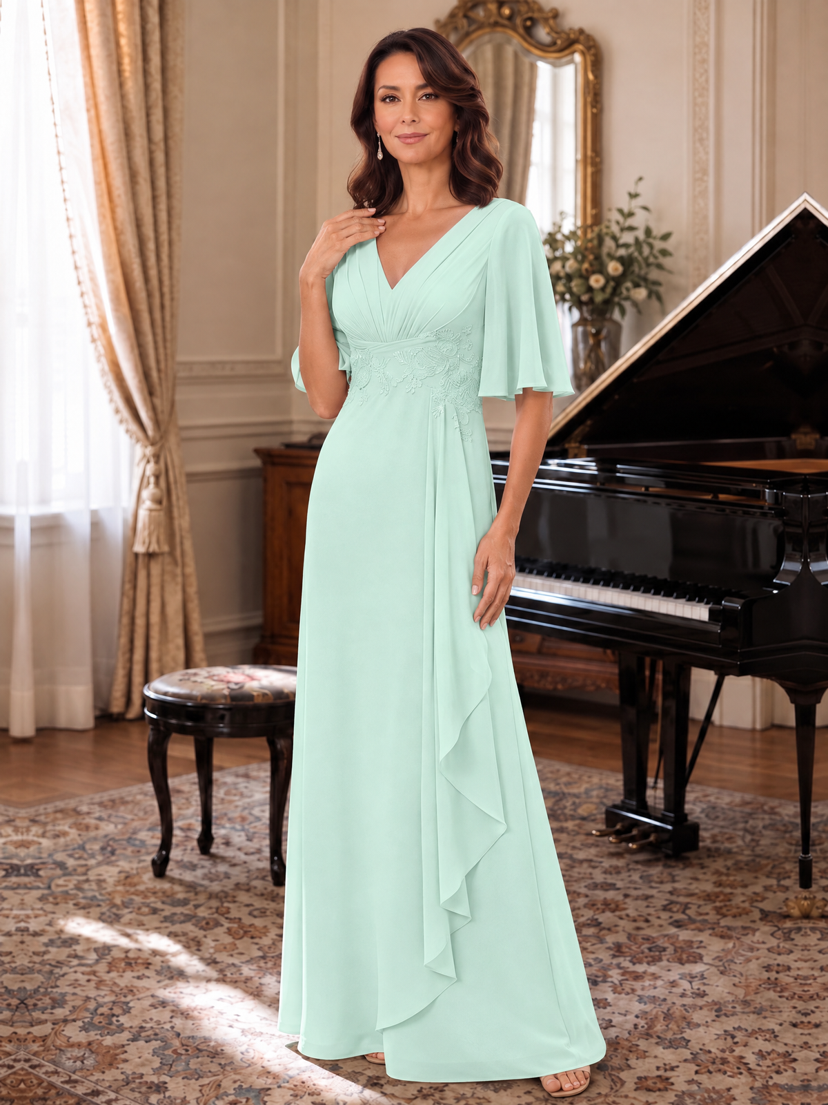 V-Neck Chiffon Lace Mother of the Bride Dresses