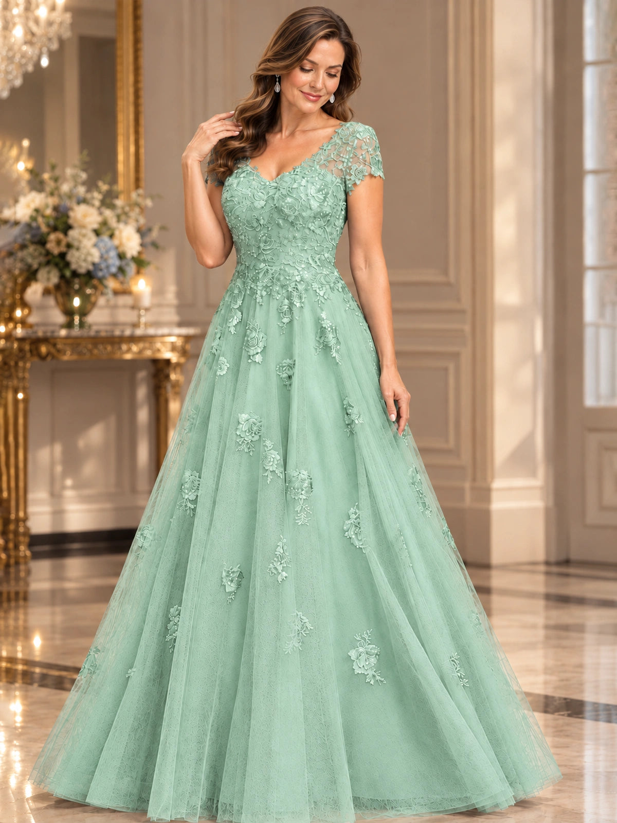 Lace Appliques A-line Mother of The Bride Dresses with Short Sleeves