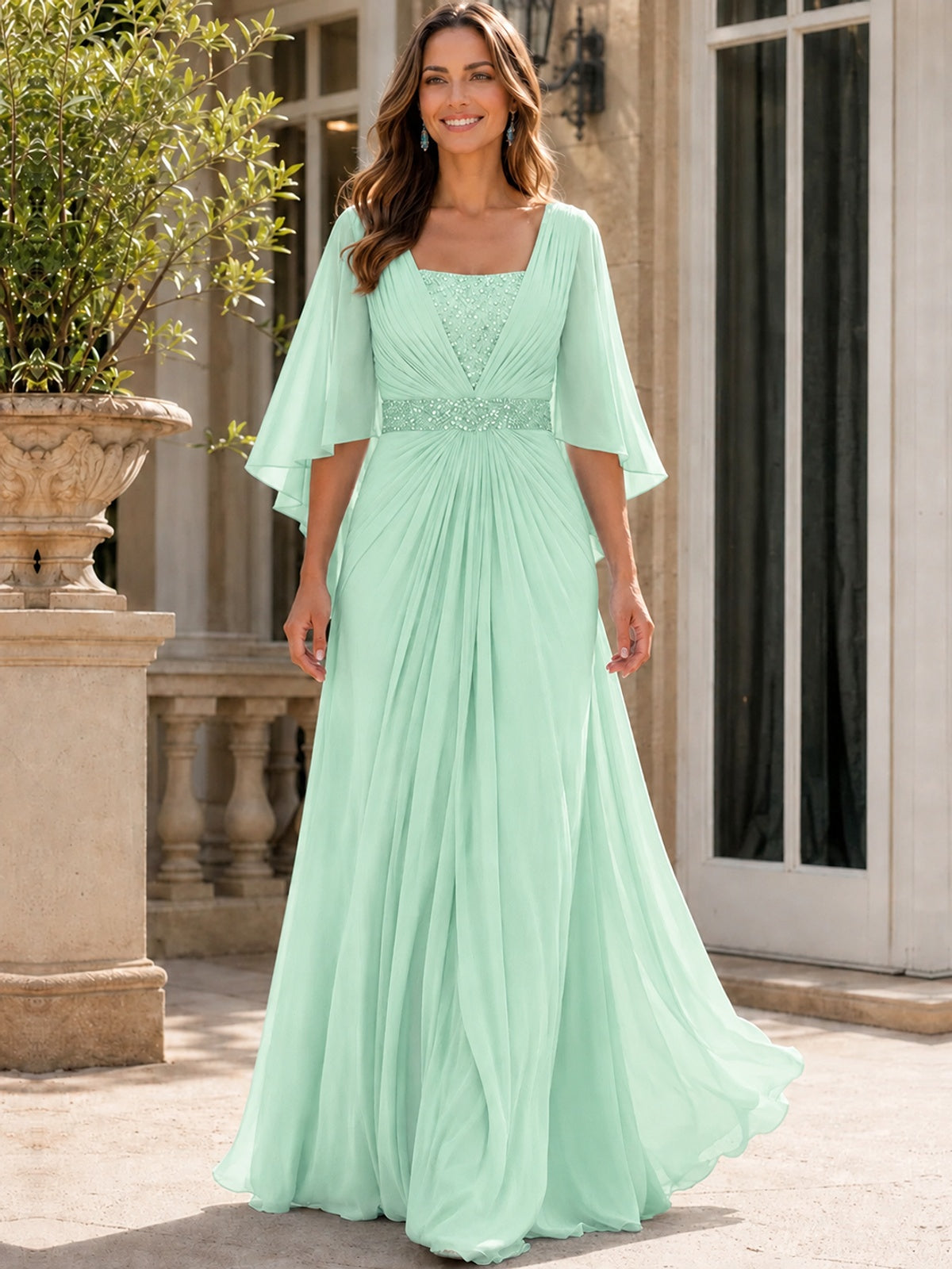 Elegant V-Neck Sequined Chiffon Mother of the Bride Dress with Flutter Sleeves
