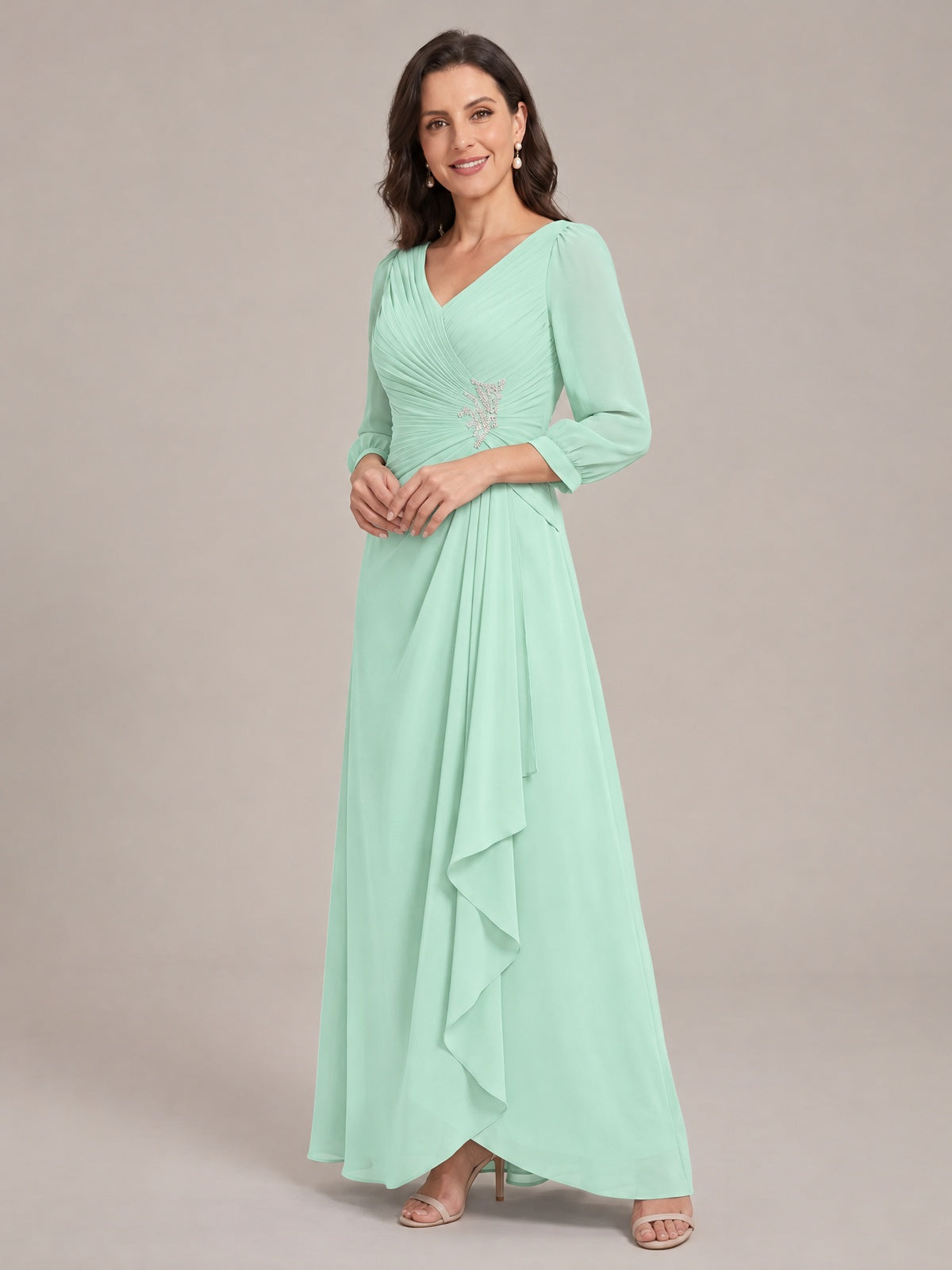 V-Neck Pleated Chiffon Mother of the Bride Dress with Flutter Sleeves
