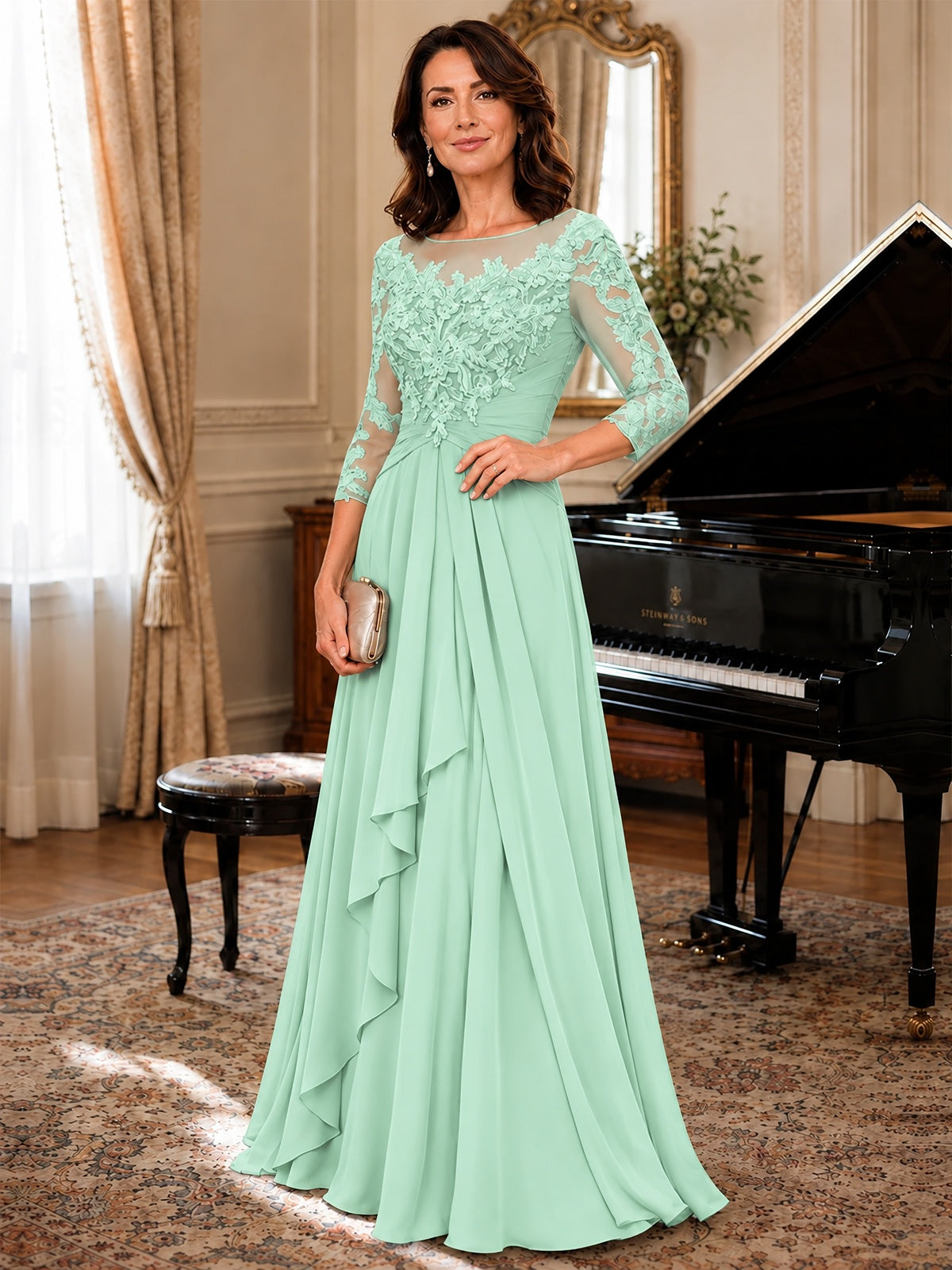 A-Line Chiffon Mother of the Bride Dress with Floral Applique 3/4 Sleeves