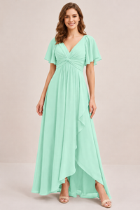 Dusty Blue Chiffon Bridesmaid Dress with Flutter Sleeves & High-Low Hem