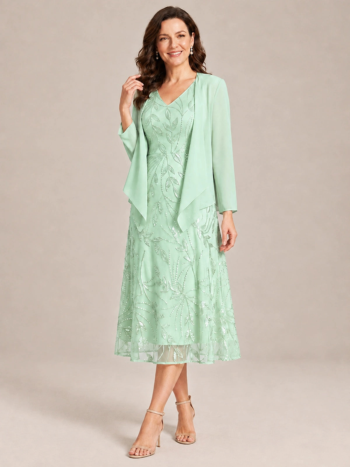 Tea Length Sequin Lace Mother of the Bride Dress with Chiffon Jacket
