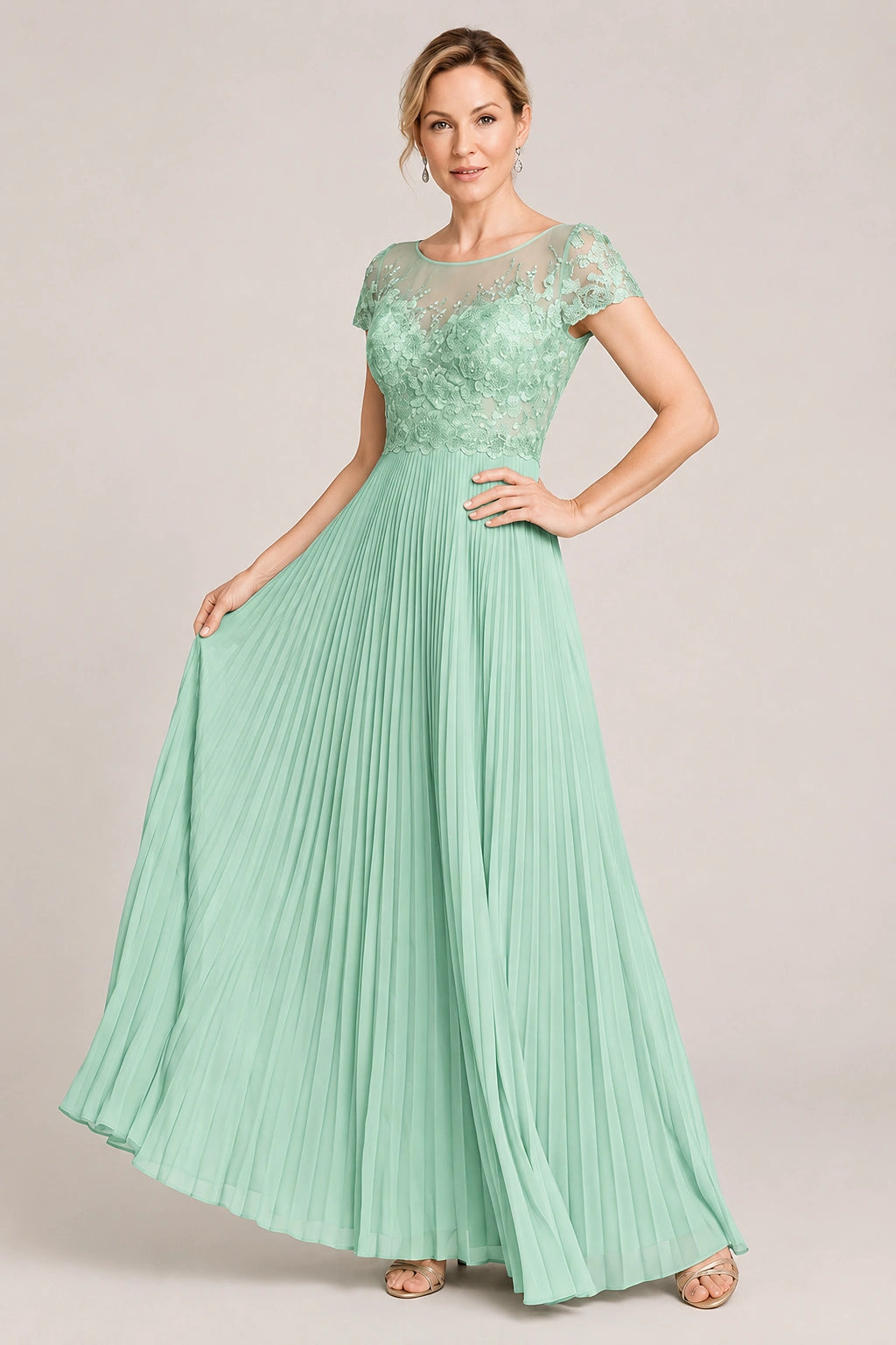 Embroidered Lace Pleated Mother of the Bride Dress
