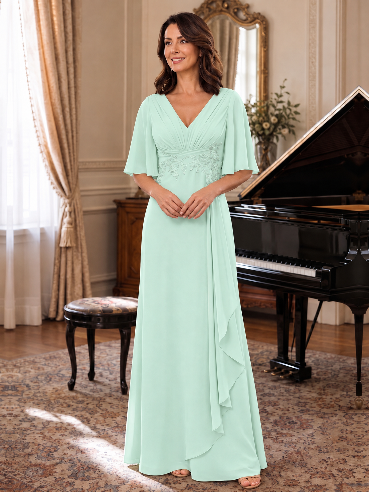 V-Neck Chiffon Lace Mother of the Bride Dresses