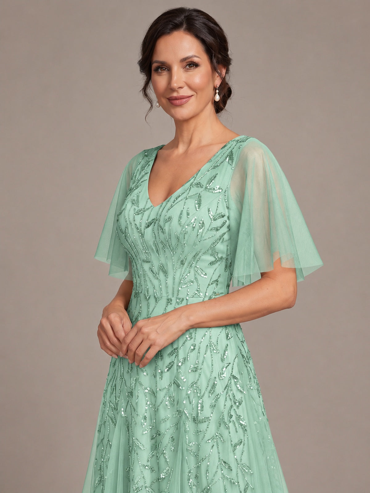 V-Neck Sequin Tulle Mother of the Bride Dress with Flutter Sleeve