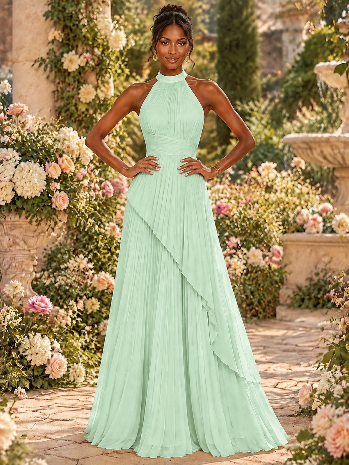 Wrap Pleated Prom Dress Halter A-line Chiffon Formal Wedding Dress