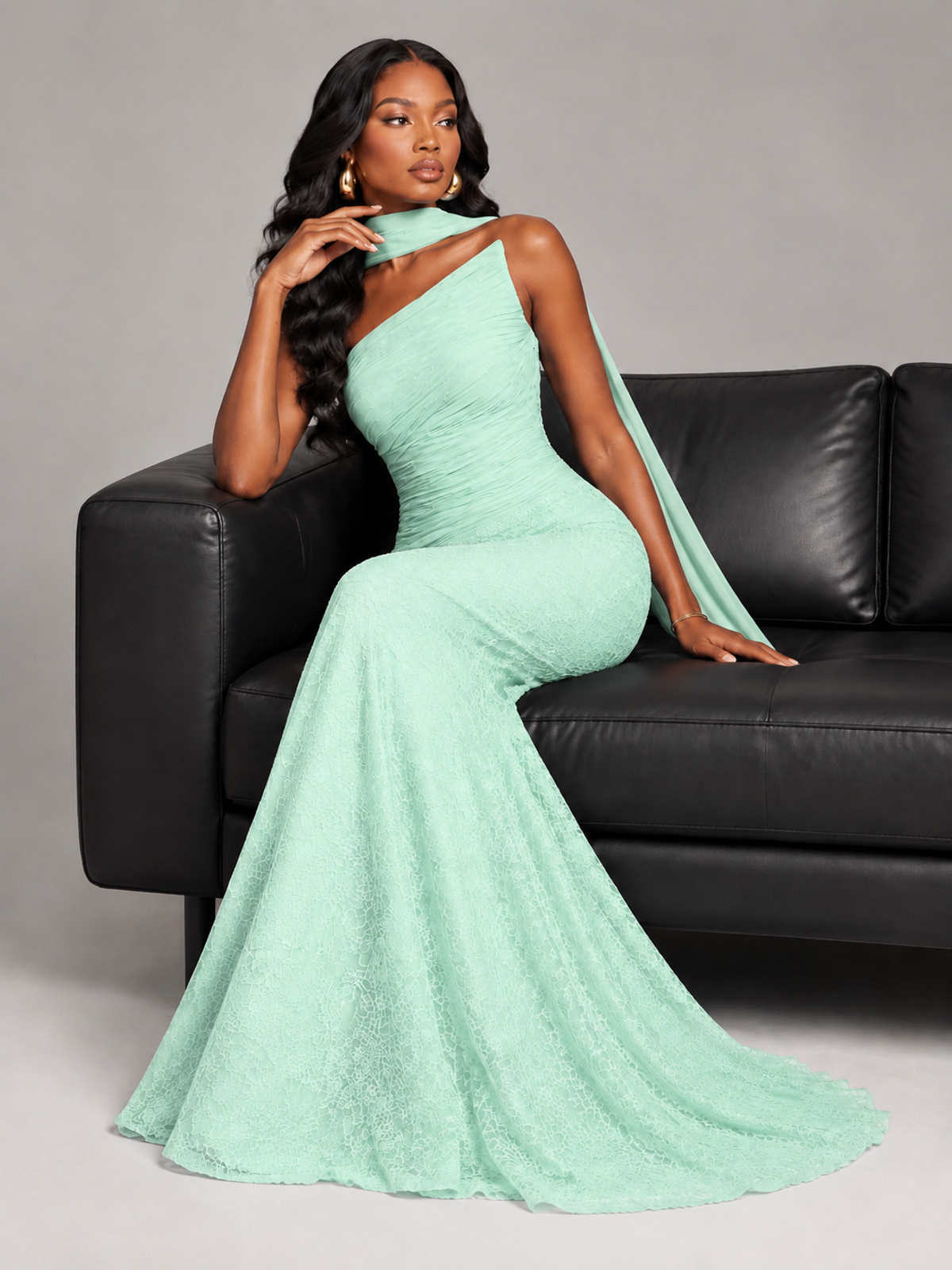 Pleated Chiffon Lace Prom Dresses Long Bodycon Mermaid with Scarf