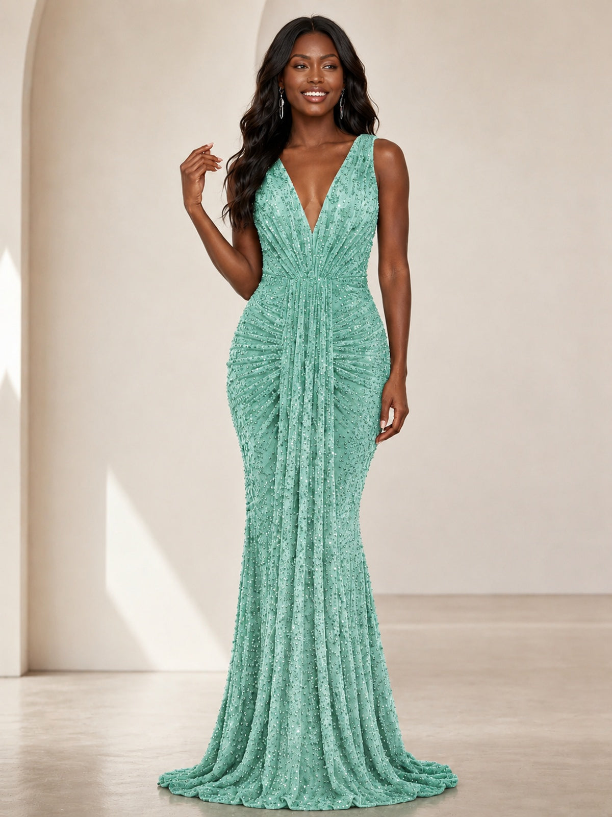 Sequin Mermaid Prom Dress with V-Neck and Ruched Waist