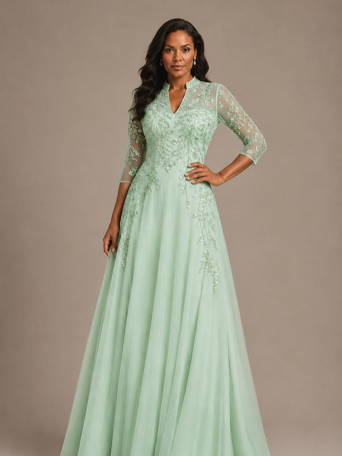 Embellished Appliques Mother of the Bride Dress with 3/4 Sleeves