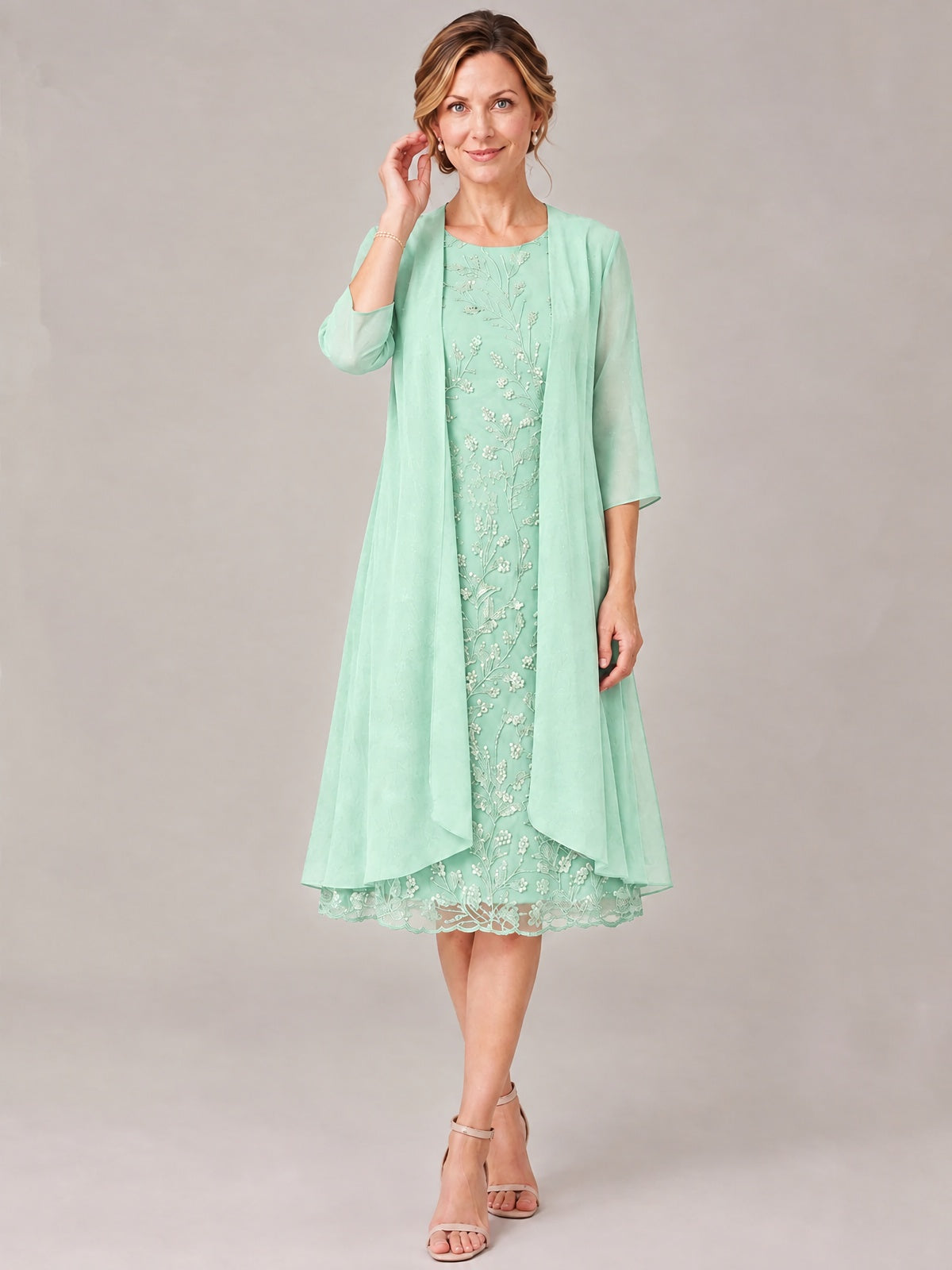 Tea Length Sequin Lace Mother of The Bride Dress with Chiffon Jacket