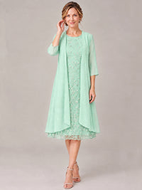 Tea Length Sequin Lace Mother of The Bride Dress with Chiffon Jacket