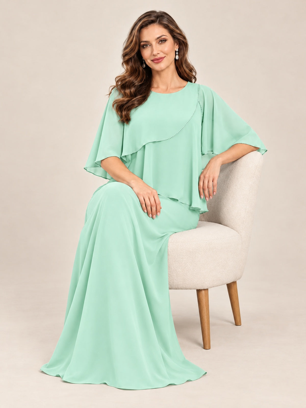 Cape Sleeve Mother of the Bride Dress with Asymmetrical Overlay