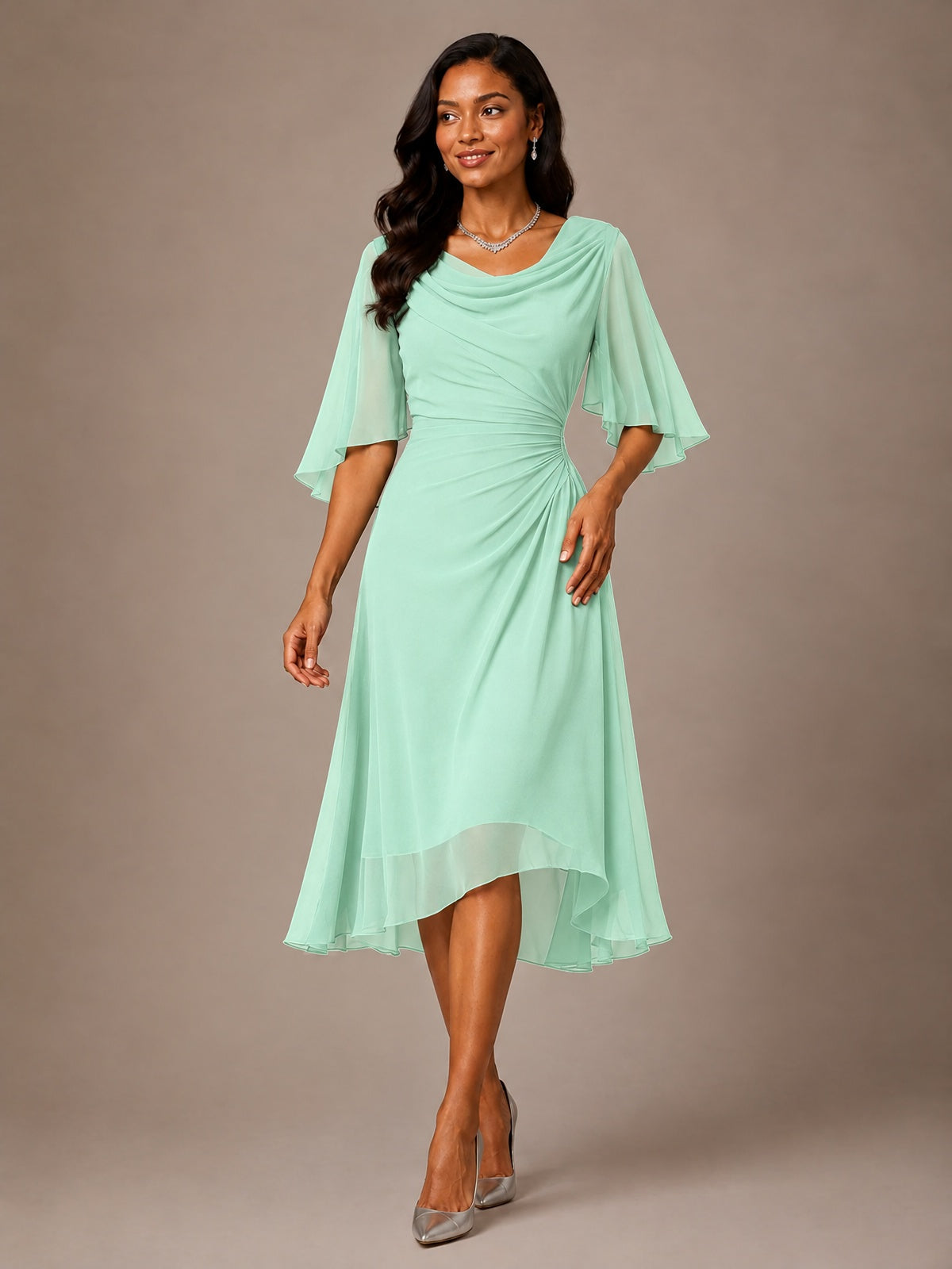 Cowl Neck Ruched Chiffon Mother of the Bride Dresses with Flutter Sleeves
