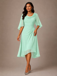 Cowl Neck Ruched Chiffon Mother of the Bride Dresses with Flutter Sleeves