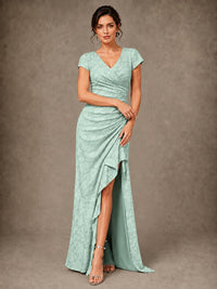 V-Neck Floral Jacquard Mother of the Bride Dress with Slit