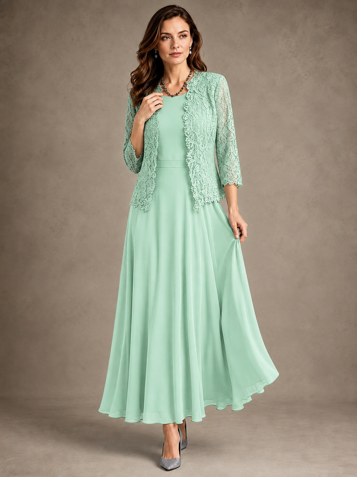 2-Piece Chiffon Mother of the Bride Dress with Lace Jacket