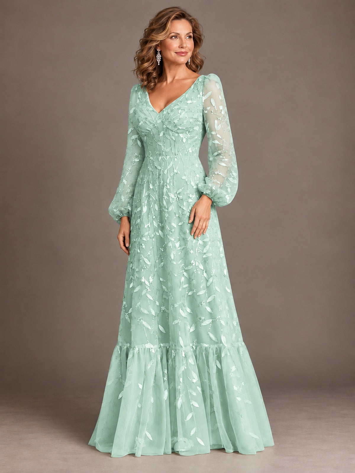 Floral Sequin Embroidered A-Line Mother of the Bride Dress with Long Sleeves