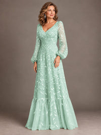Floral Sequin Embroidered A-Line Mother of the Bride Dress with Long Sleeves