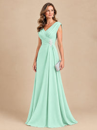V Neck Pleated Mother of The Bride Dresses with Beading Cap Sleeves