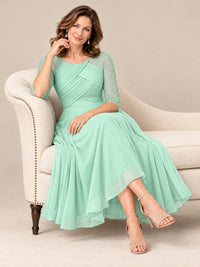 Tea-Length Mother of the Bride Dress with Lace 3/4 Sleeves
