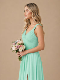 Pleated Chiffon V Neck Wedding Bridesmaid Dresses Floor Length with Slit