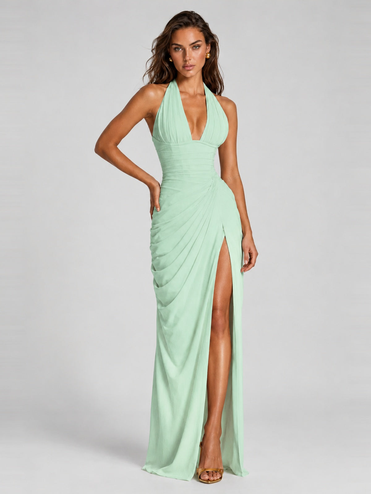 Ruched Halter Neck High-Slit Prom & Evening Dress