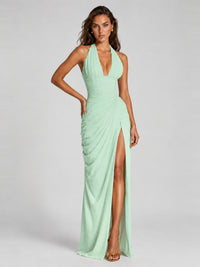 Ruched Halter Neck High-Slit Prom & Evening Dress