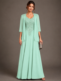 A-line 2 Pieces Chiffon Appliques Mother of The Bride Dresses with Jackets