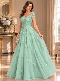 Lace Appliques A-line Mother of The Bride Dresses with Short Sleeves
