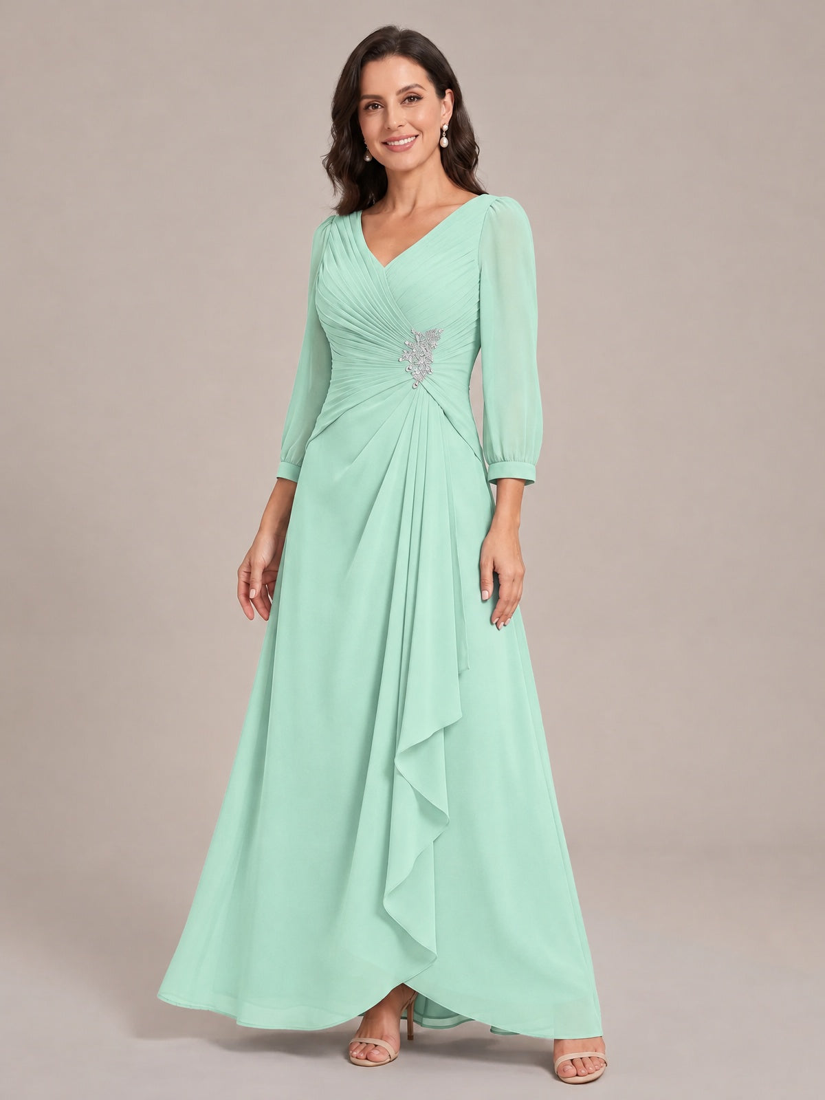 V-Neck Pleated Chiffon Mother of the Bride Dress with Flutter Sleeves