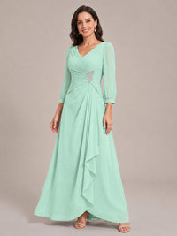 V-Neck Pleated Chiffon Mother of the Bride Dress with Flutter Sleeves