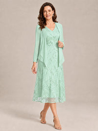 Tea Length Sequin Lace Mother of the Bride Dress with Chiffon Jacket
