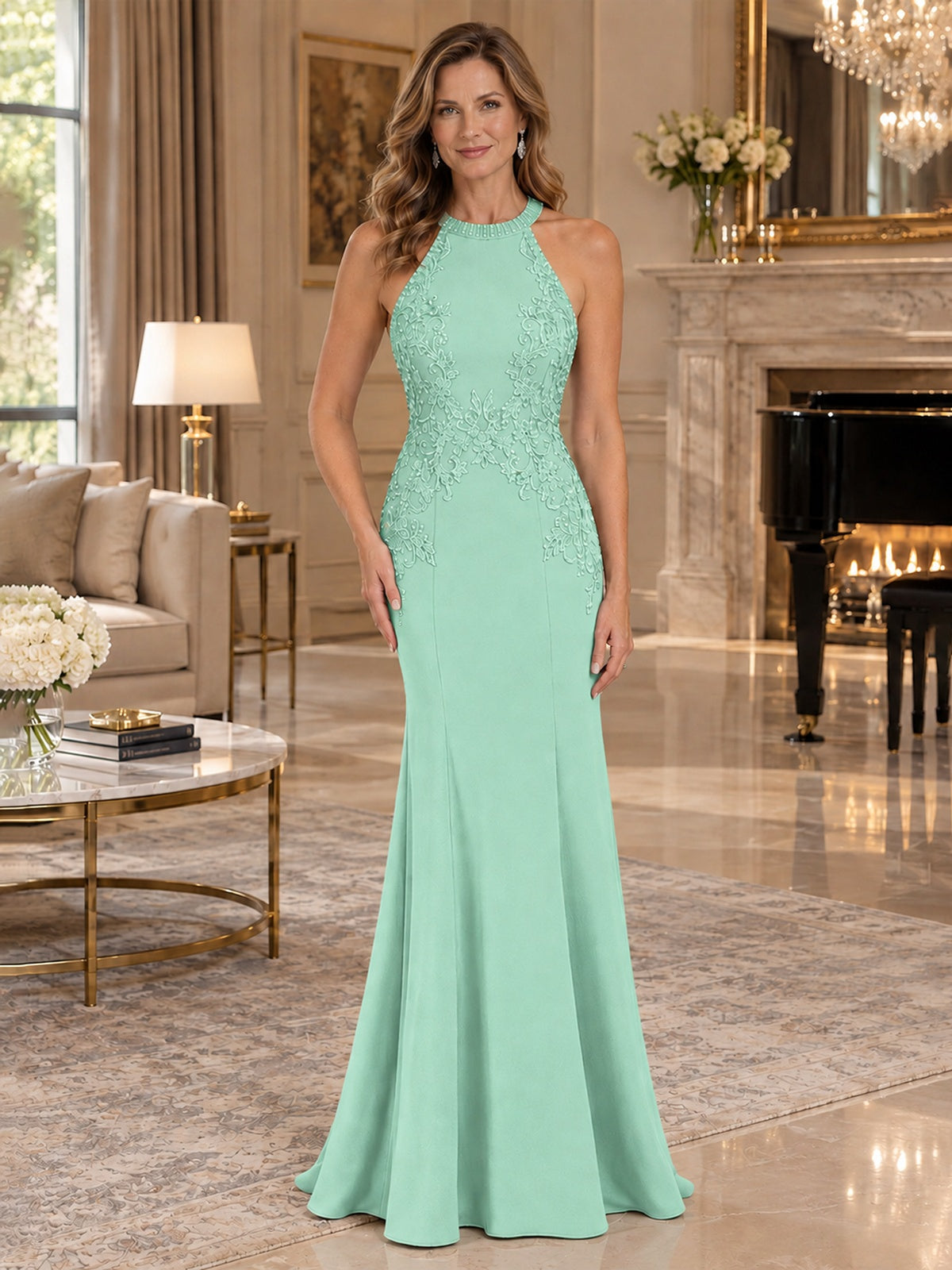 Halter Neckline Lace Appliques Mother of The Bride Dresses