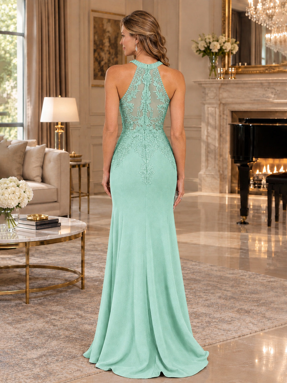 Halter Neckline Lace Appliques Mother of The Bride Dresses