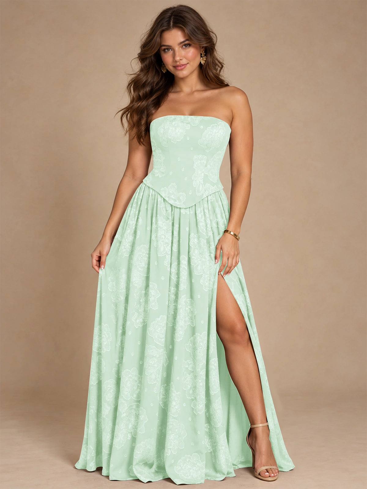Chocolate Brown Floral Strapless Corset A-Line Evening Gown with Slit
