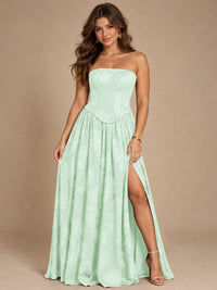 Chocolate Brown Floral Strapless Corset A-Line Evening Gown with Slit