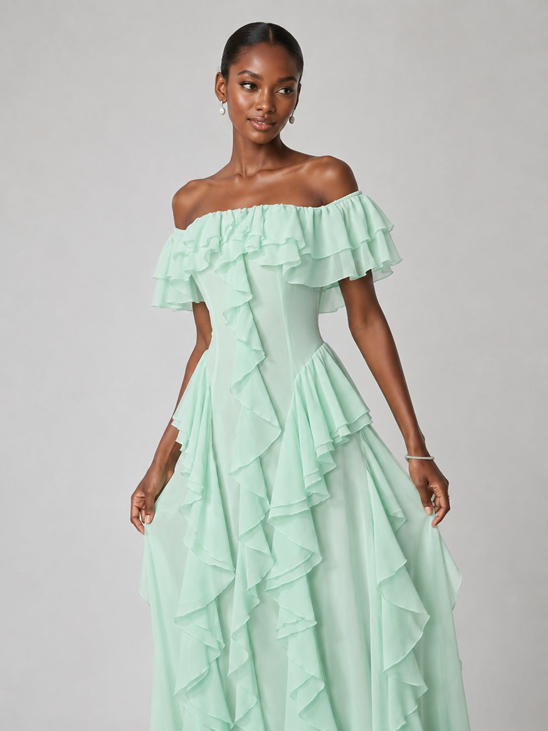 Mint Green Off-Shoulder Chiffon Maxi Dress