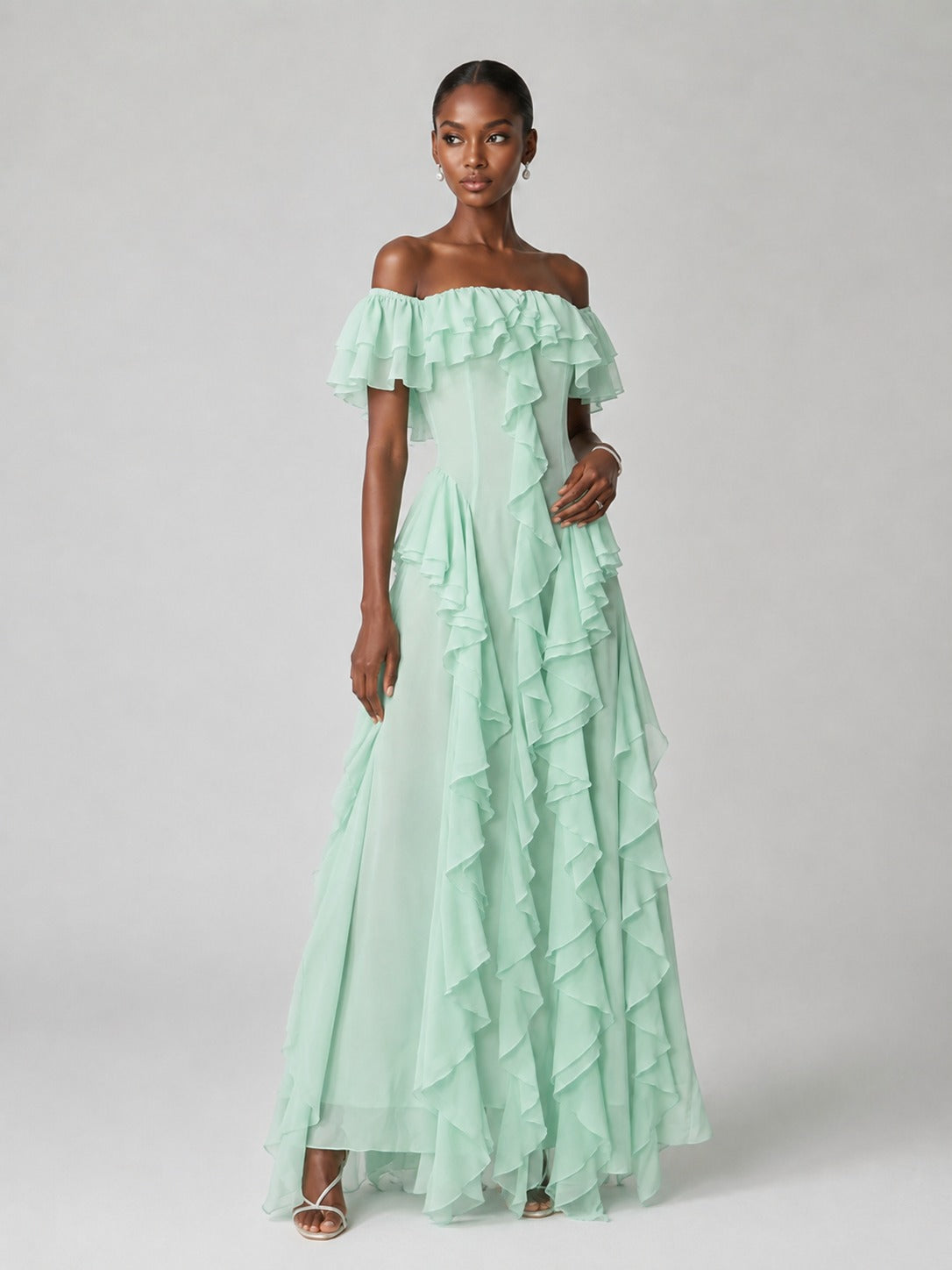 Mint Green Off-Shoulder Chiffon Maxi Dress with Cascading Ruffles