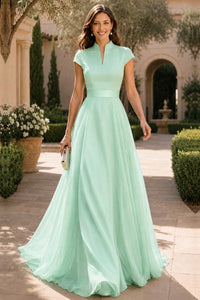 V Neck Cap Sleeve A-Line Floor-Length Satin Bridesmaid Dress