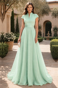 V Neck Cap Sleeve A-Line Floor-Length Satin Bridesmaid Dress